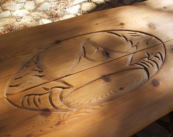 carved picnic table