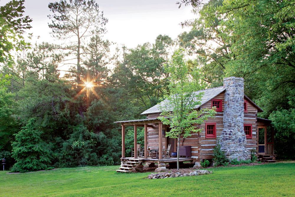 Tiny Antique Guest Log Cabin With Stone Chimney