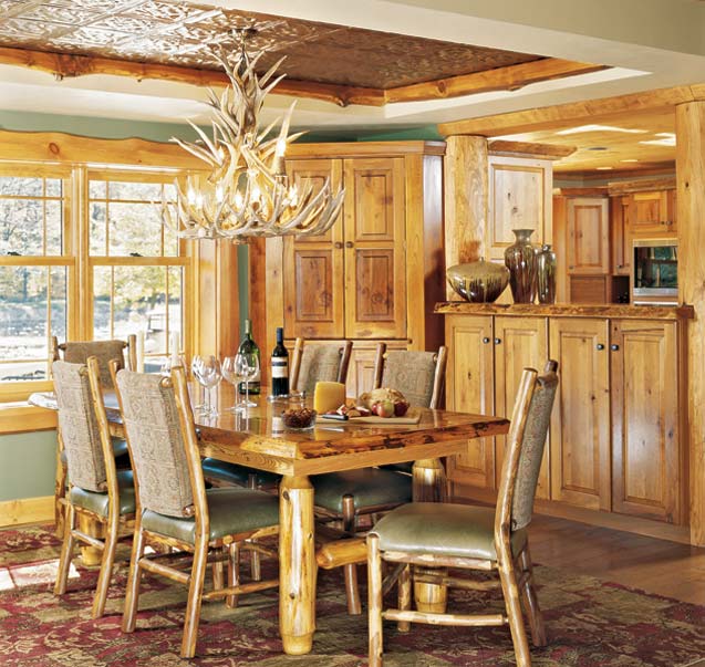 Chandelier in a Log Home Dining Room