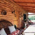 A handcrafted log home porch