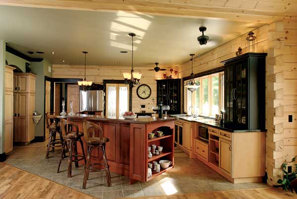 A Timber Frame Lakeside Log Cabin, Log Cabin Kitchen Cabinets In Natural Cherry