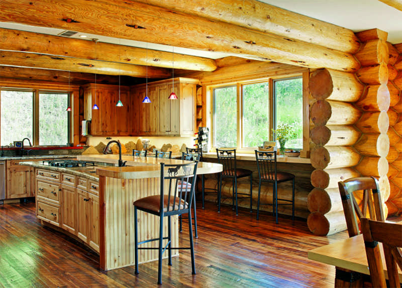 Colorado log home log walls kitchen island