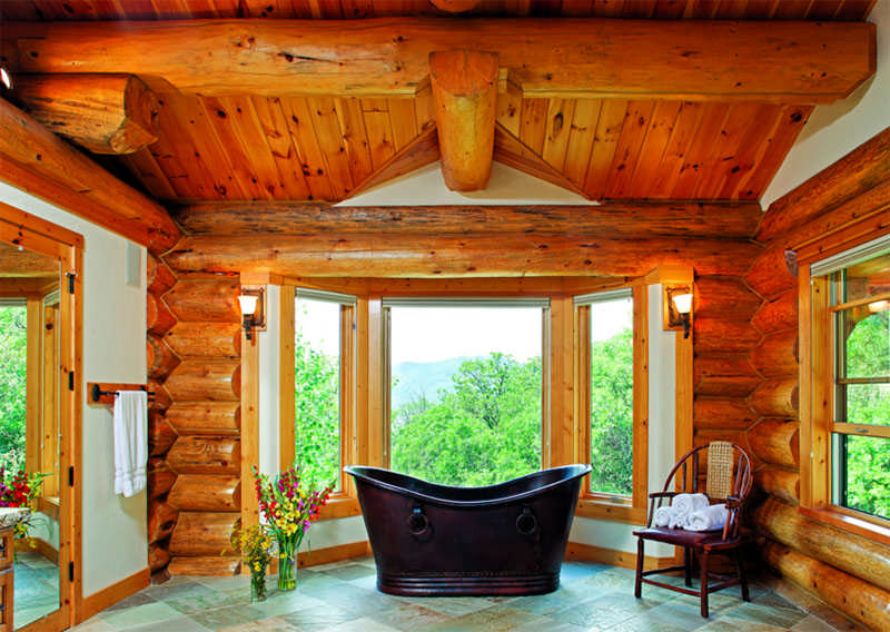 Colorado log home bathroom windows log beams