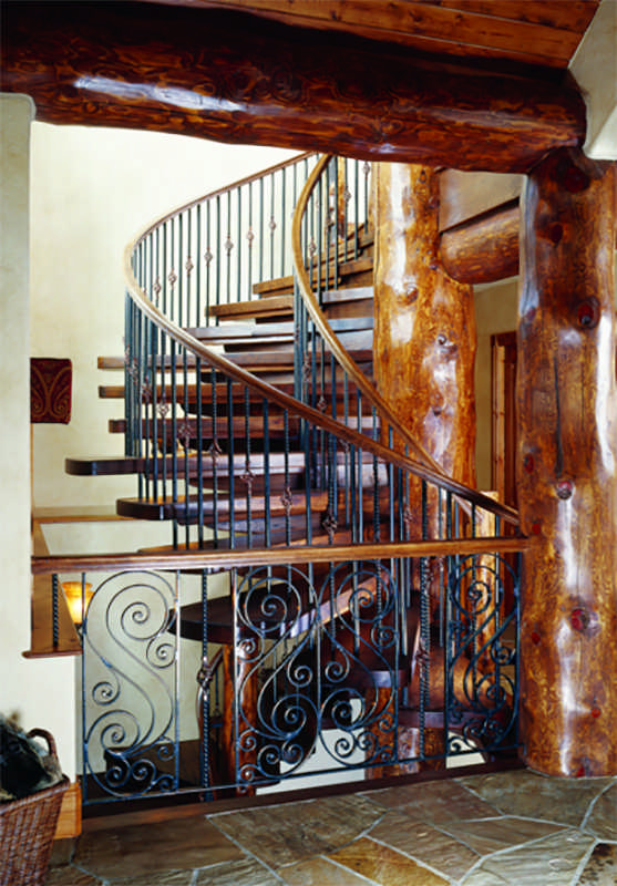 log home spiral staircase