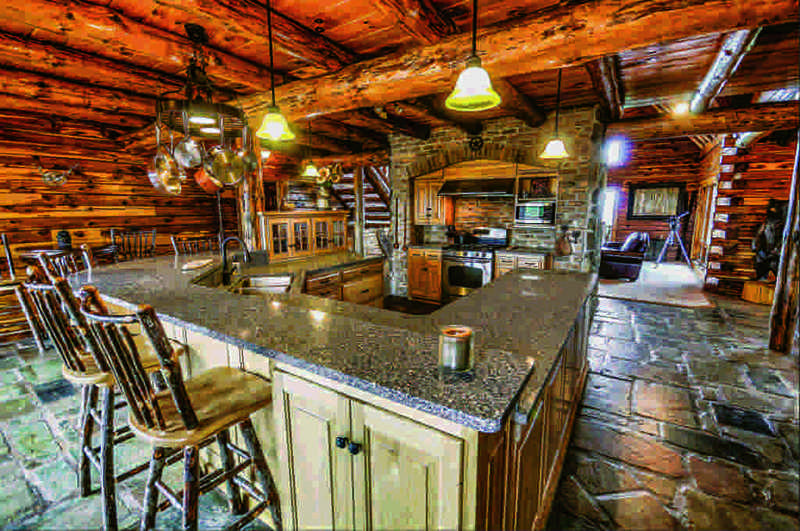 restored log home kitchen