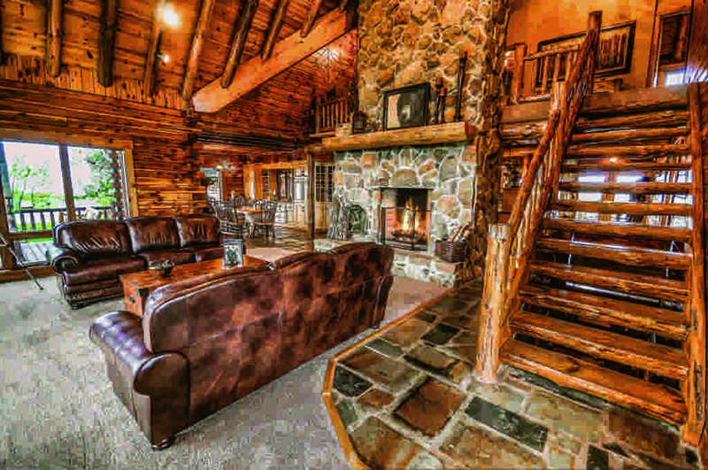restored log home great room