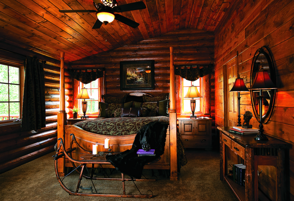 rustic log home bedroom sleigh bed 